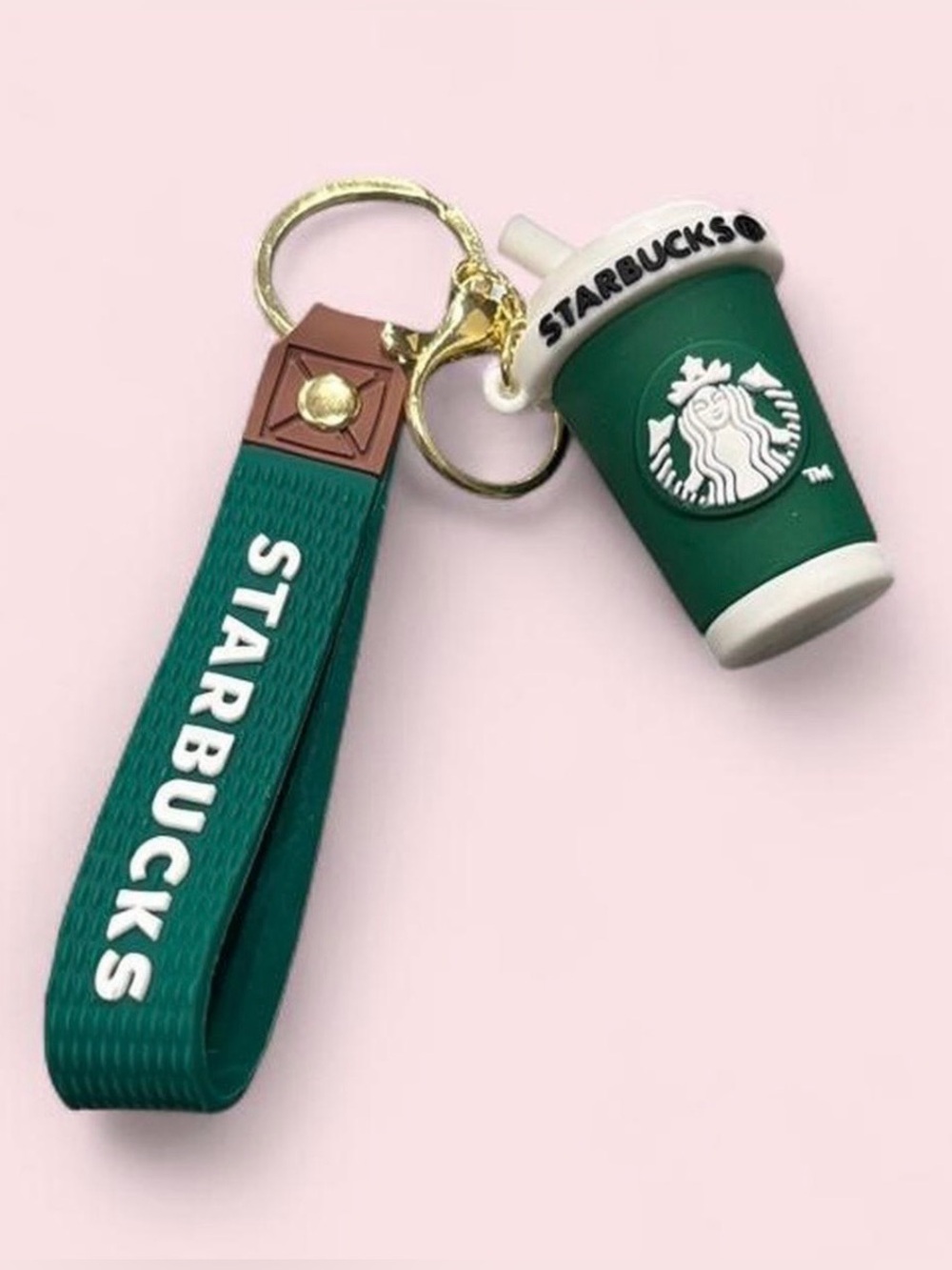 Starbucks Cup Keychain with White Trim and Gold Hardware